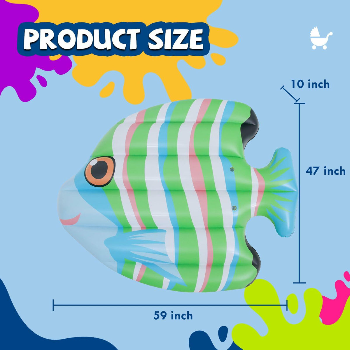 Inflatable striped fish pool float with green and white stripes and rounded fins