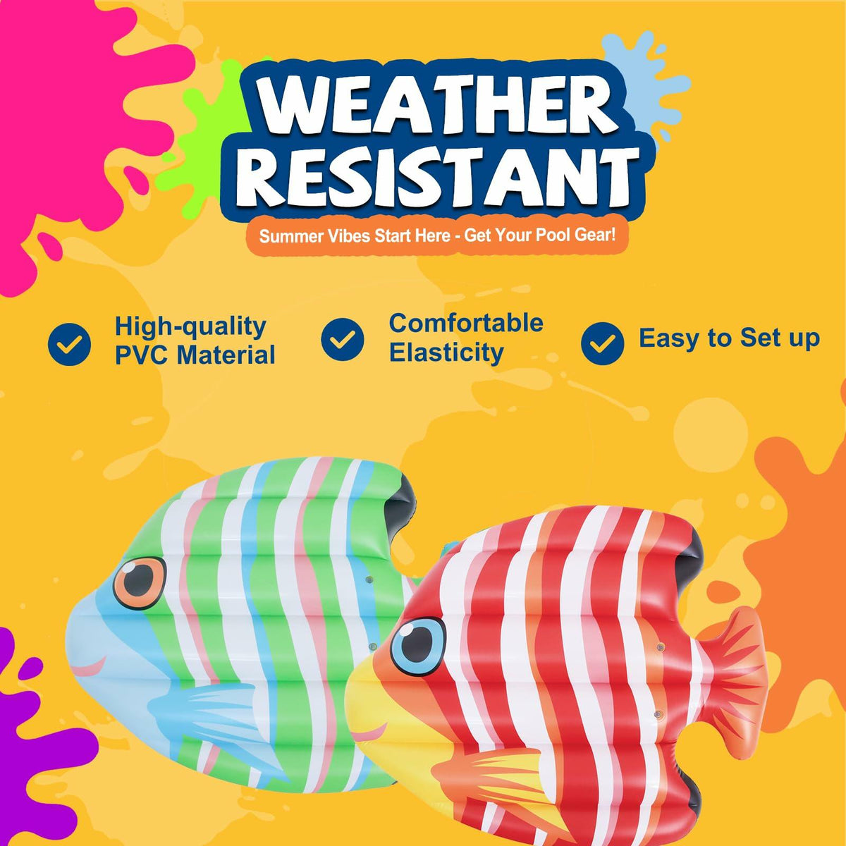Pair of inflatable striped fish pool floats in green and red colorways