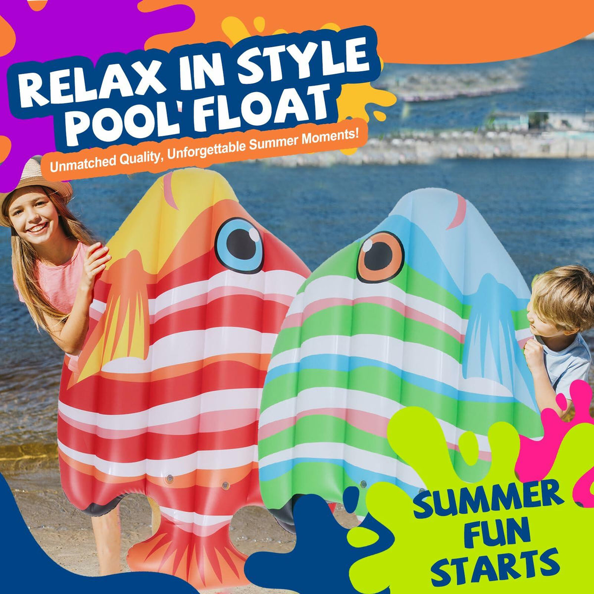Two inflatable striped fish pool floats in red and green stripe colors