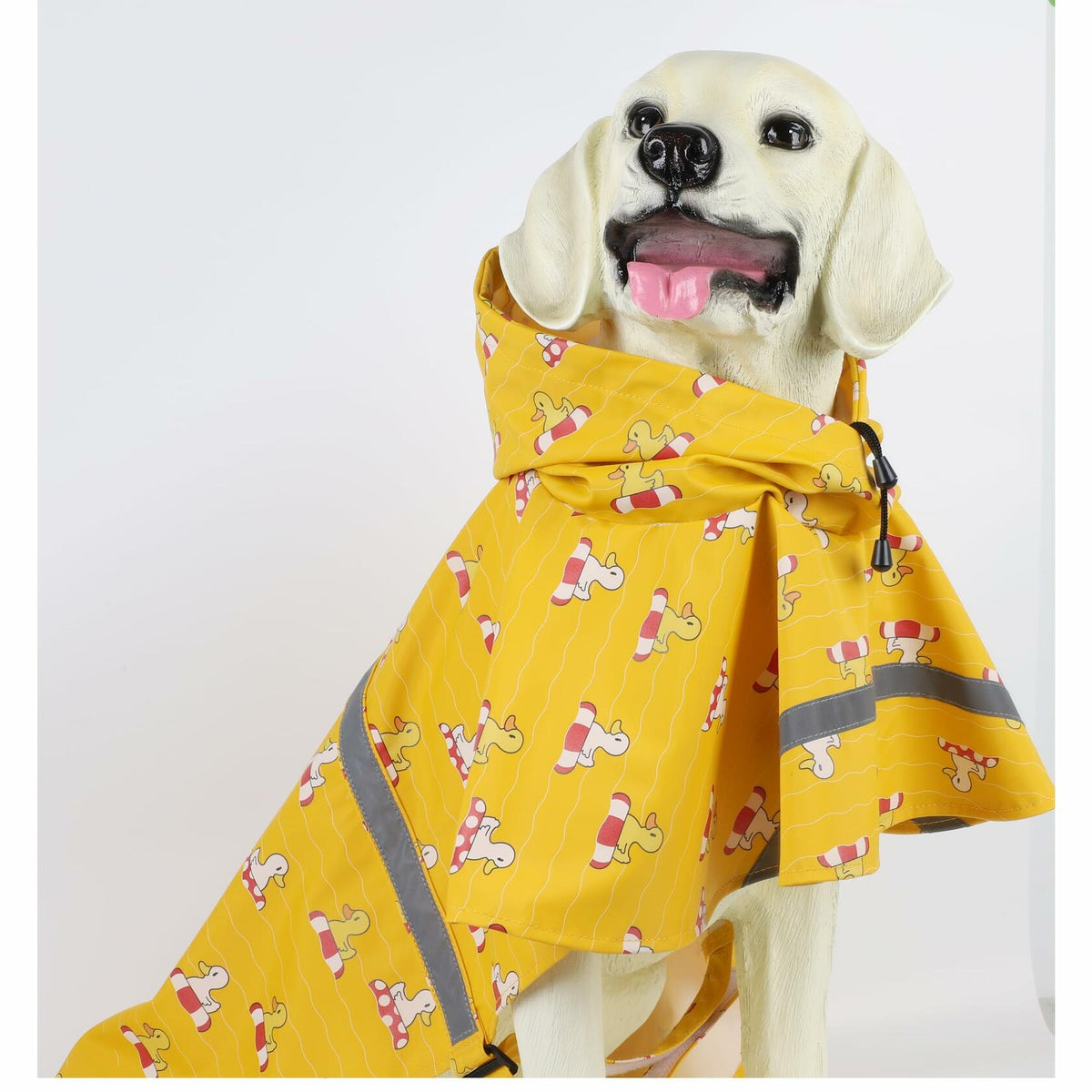 Yellow dog raincoat poncho with hood and cartoon pattern, gray reflective trim