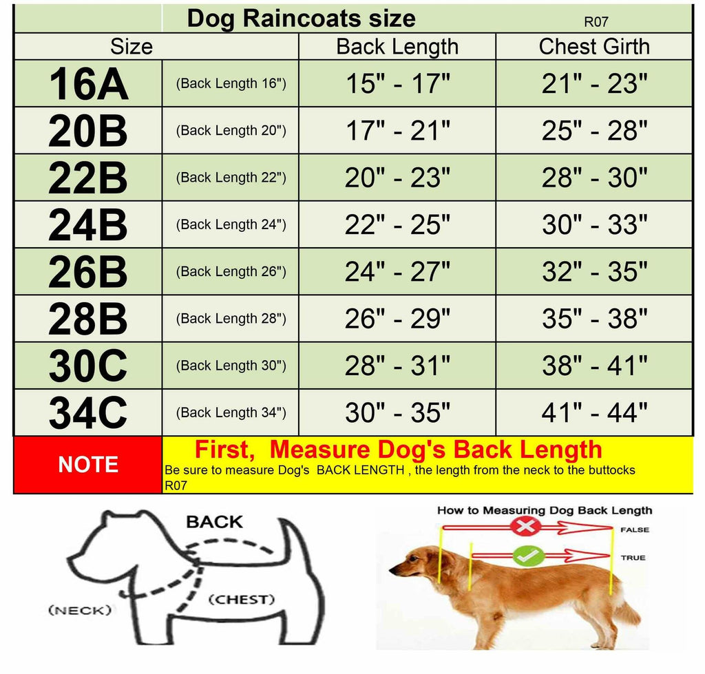 Dog raincoat size chart with back length and chest girth ranges