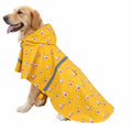 Yellow dog raincoat poncho with hood, cartoon print, and reflective gray trim