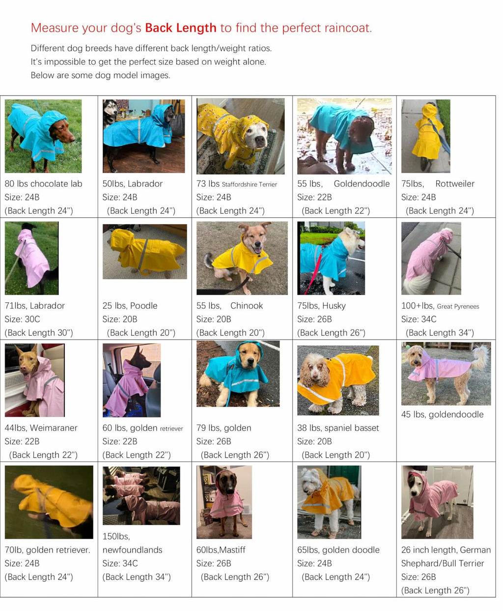 Dog raincoat measuring guide chart for back length and size recommendations