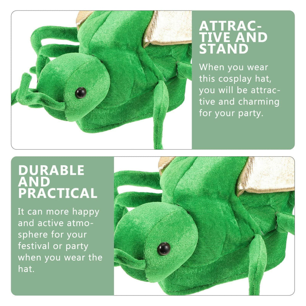 Durable green frog costume hat with beige ear panel and plush textured body