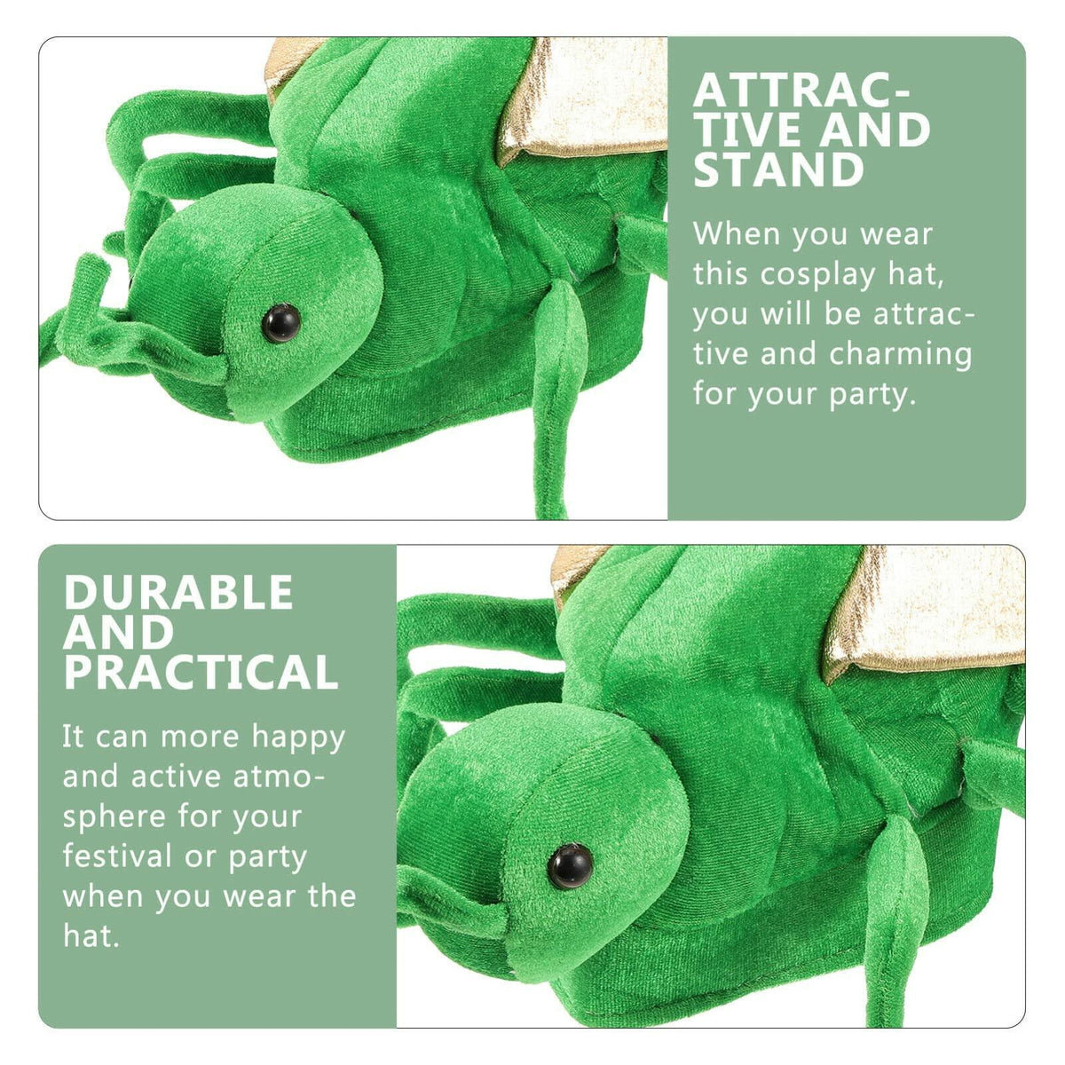 Durable green frog costume hat with beige ear panel and plush textured body