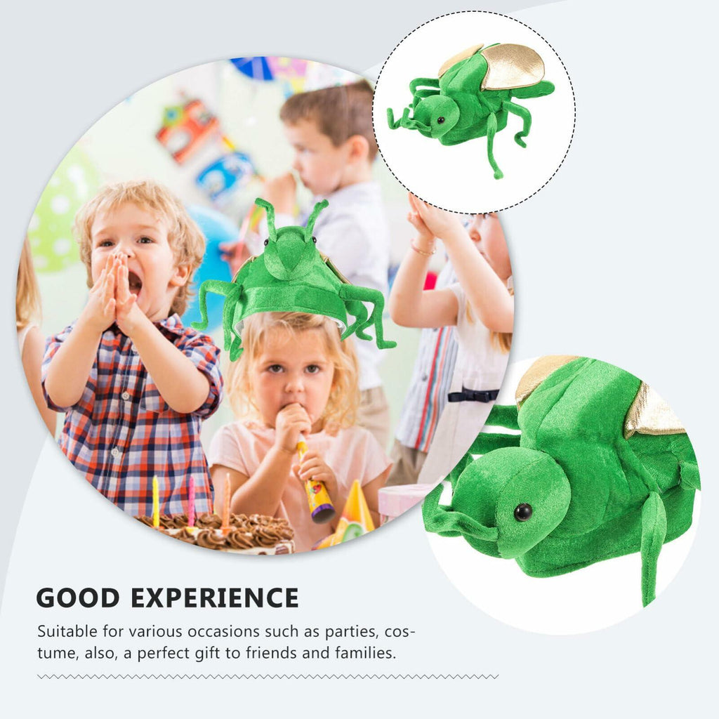 Green frog costume hat close-up with beige ear panel and round black eye