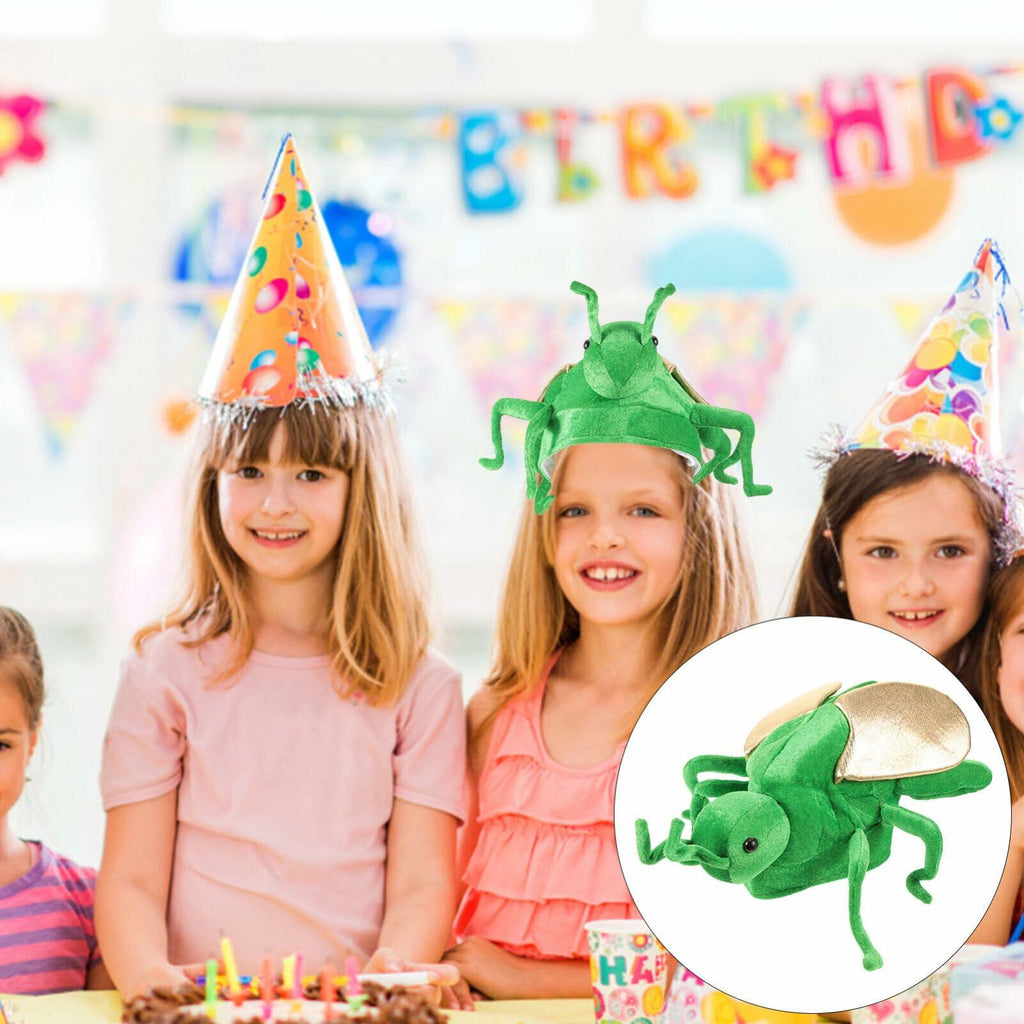Green frog costume hat with beige ear panel and curled antenna-like plush accents