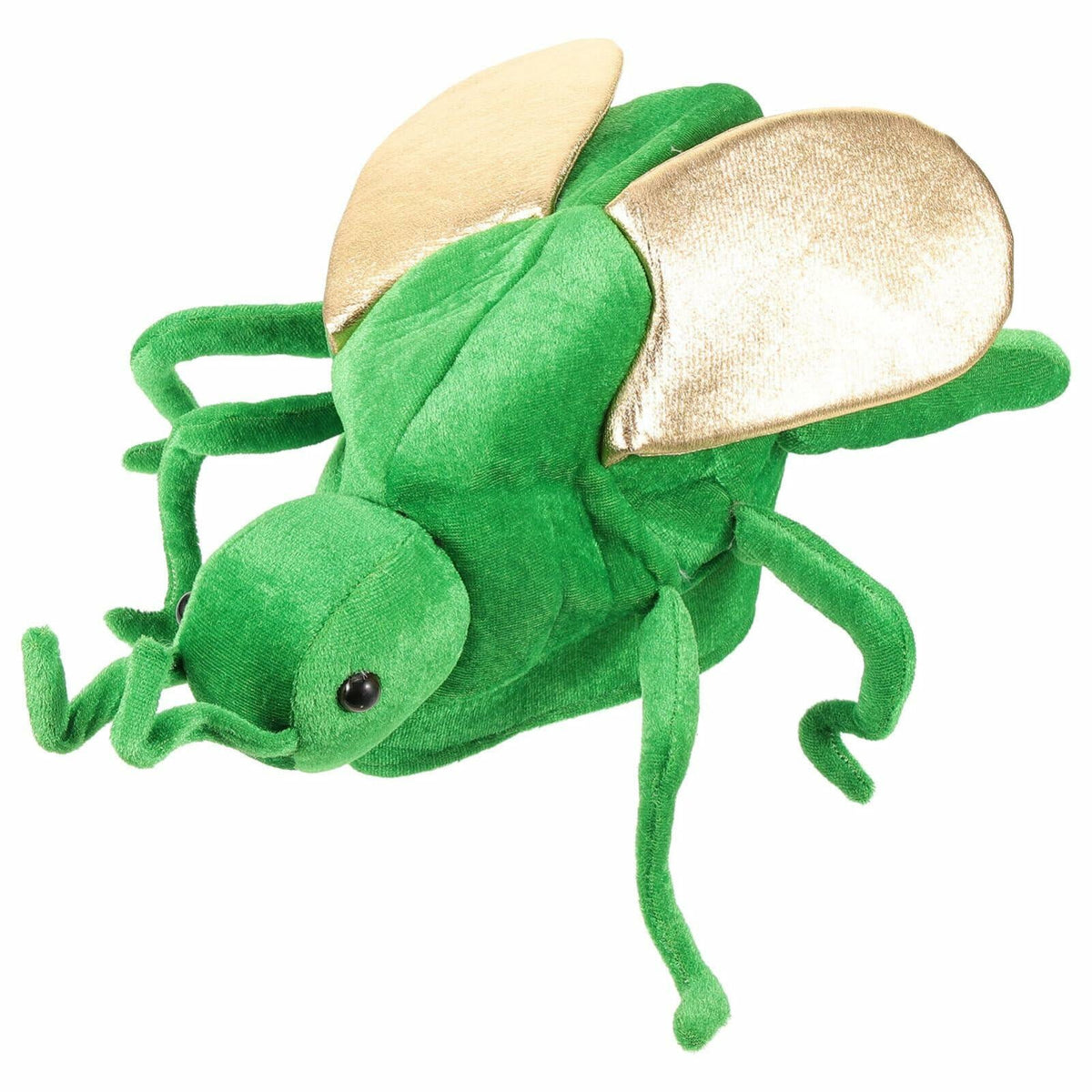 Cartoon green frog costume hat with beige floppy ear-like panels and plush details