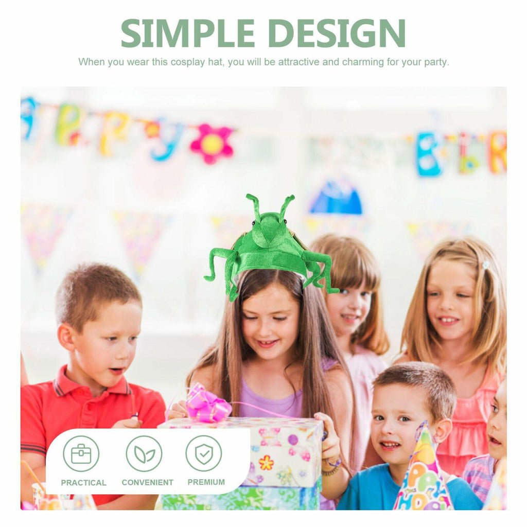 Plush green frog costume hat with beige ear panel, worn by a child