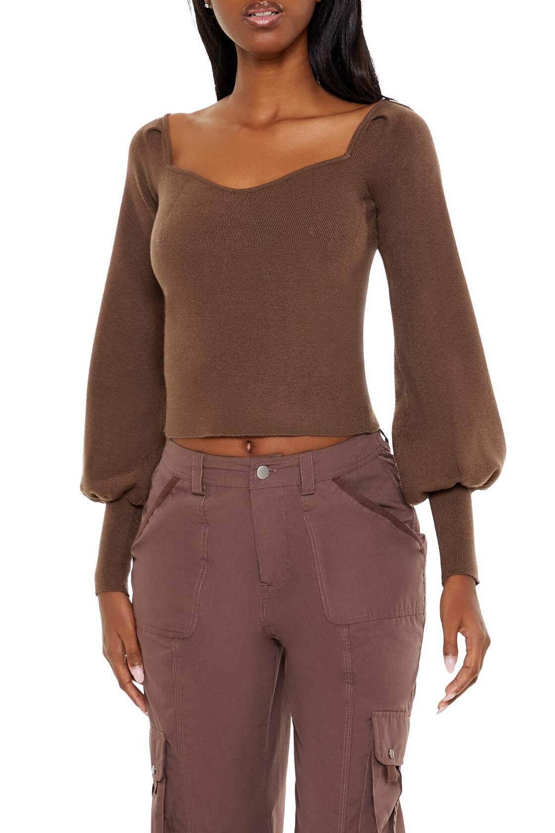 Brown knit crop top front with square neckline and gathered puff sleeves
