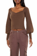 Brown knit crop top with square neckline and gathered gigot sleeves