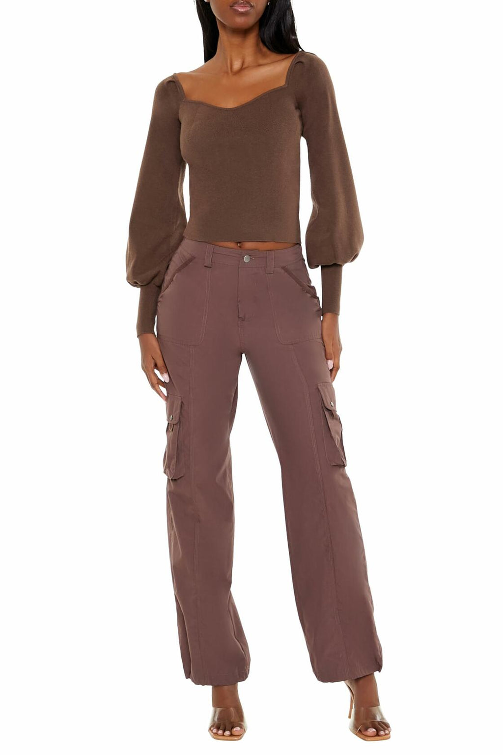 Espresso-brown knit crop top with square neckline and puffed sleeves