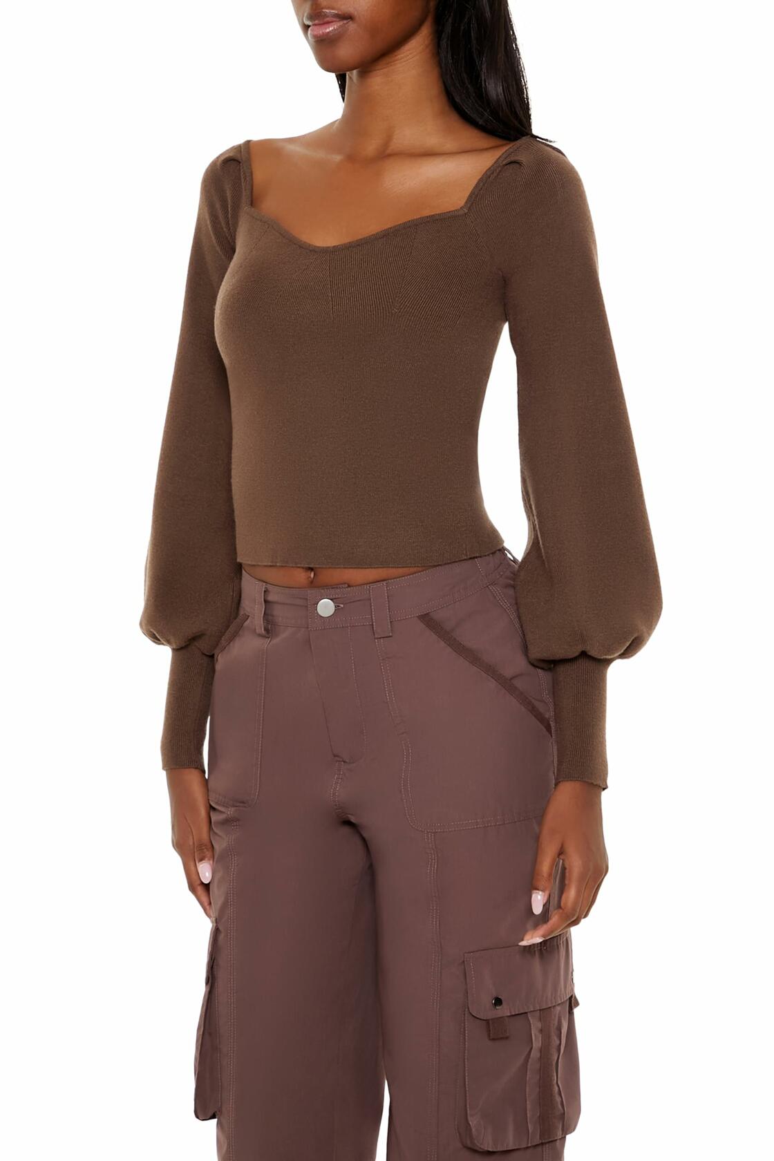 Brown knit crop top with square neckline and long puff sleeves