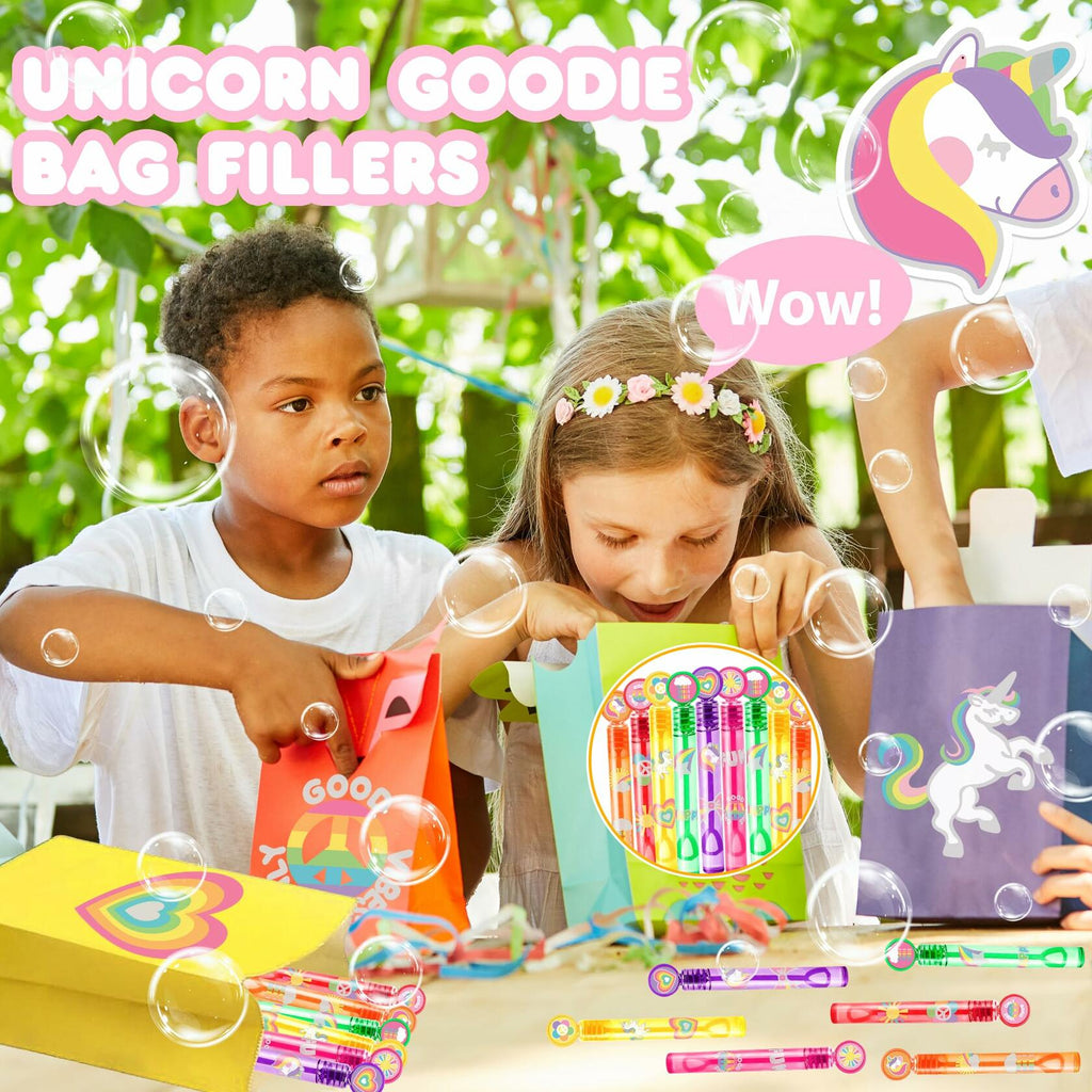 Unicorn bubble wand party favors with colorful wand tubes in goodie bags