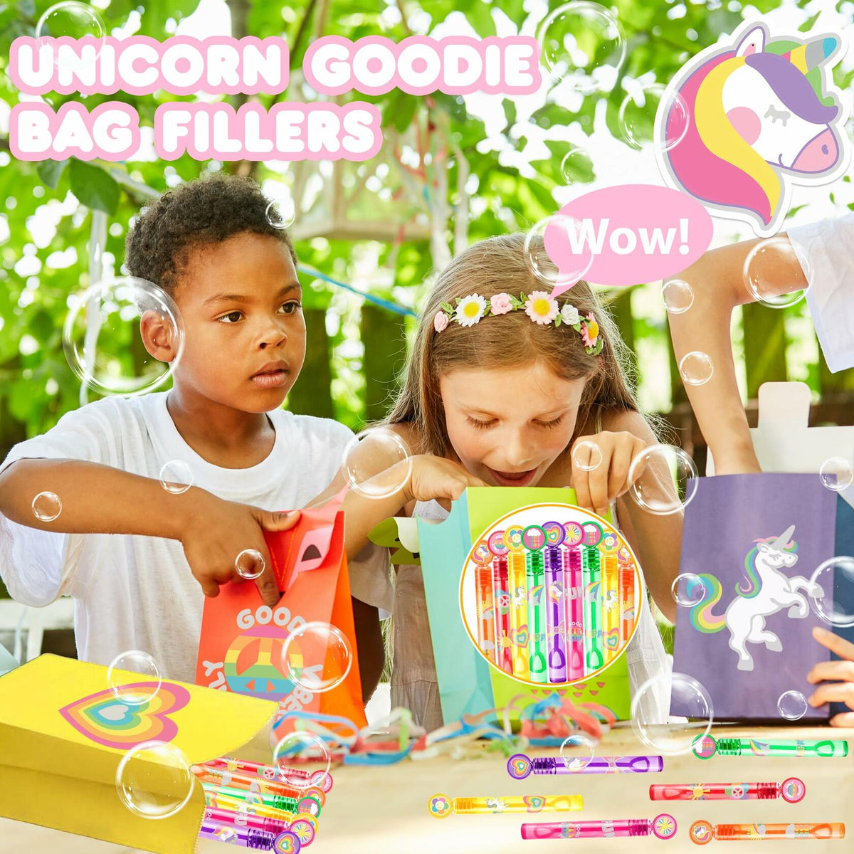Unicorn bubble wand party favors with colorful wand tubes in goodie bags