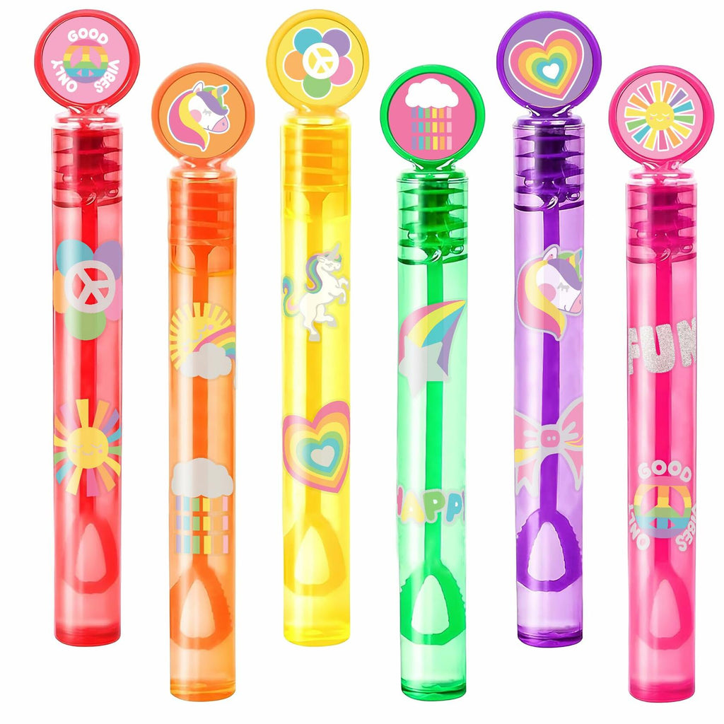 Unicorn bubble wand set with six colorful wand tubes and heart/star tops