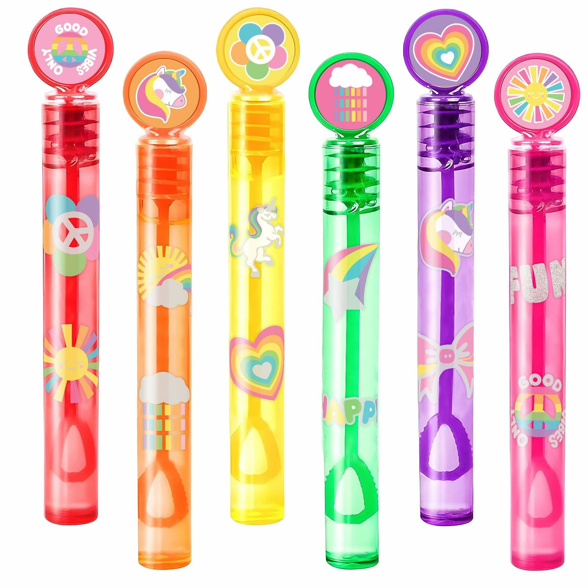 Unicorn bubble wand set with six colorful wand tubes and heart/star tops