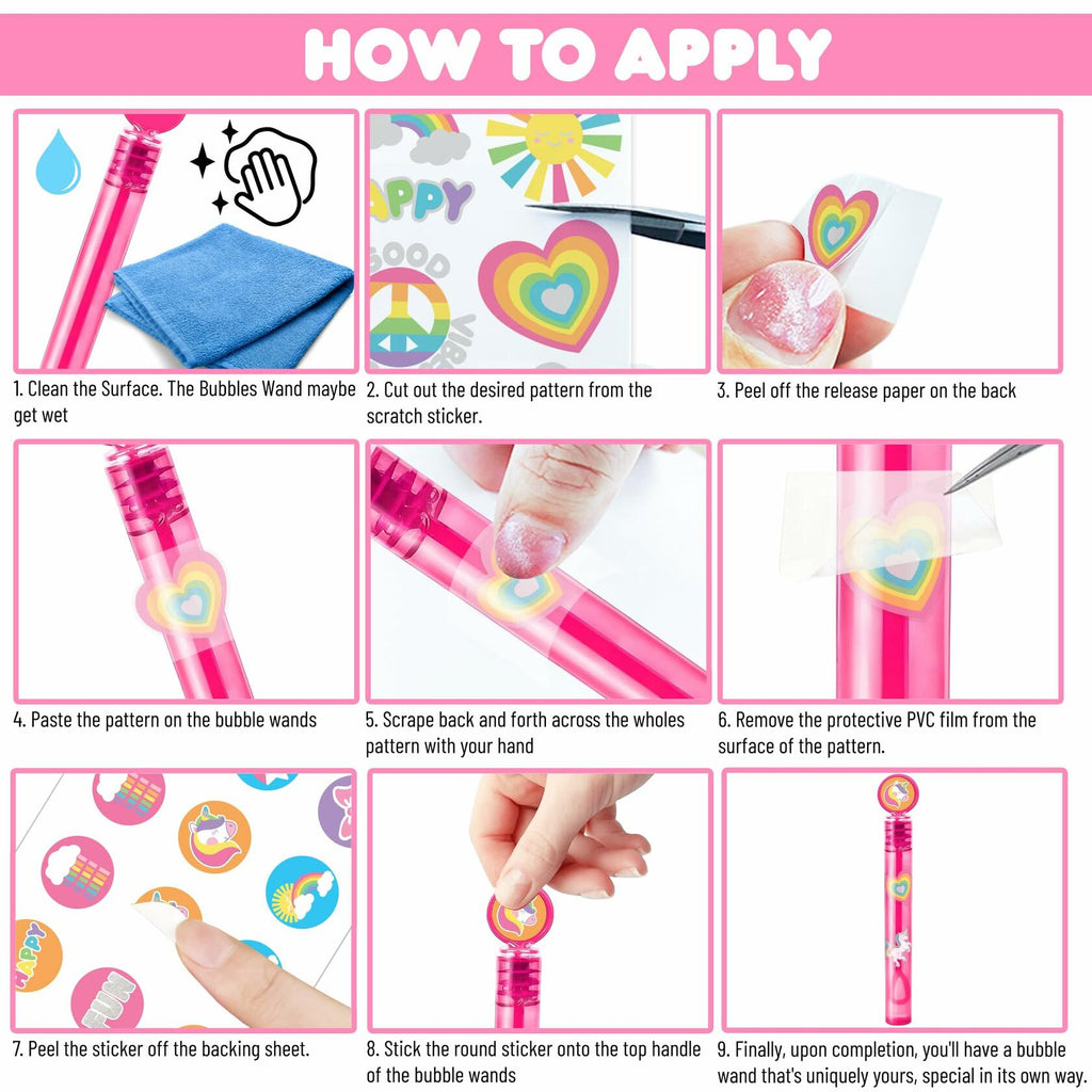 DIY unicorn bubble wand sticker application on pink wand tubes
