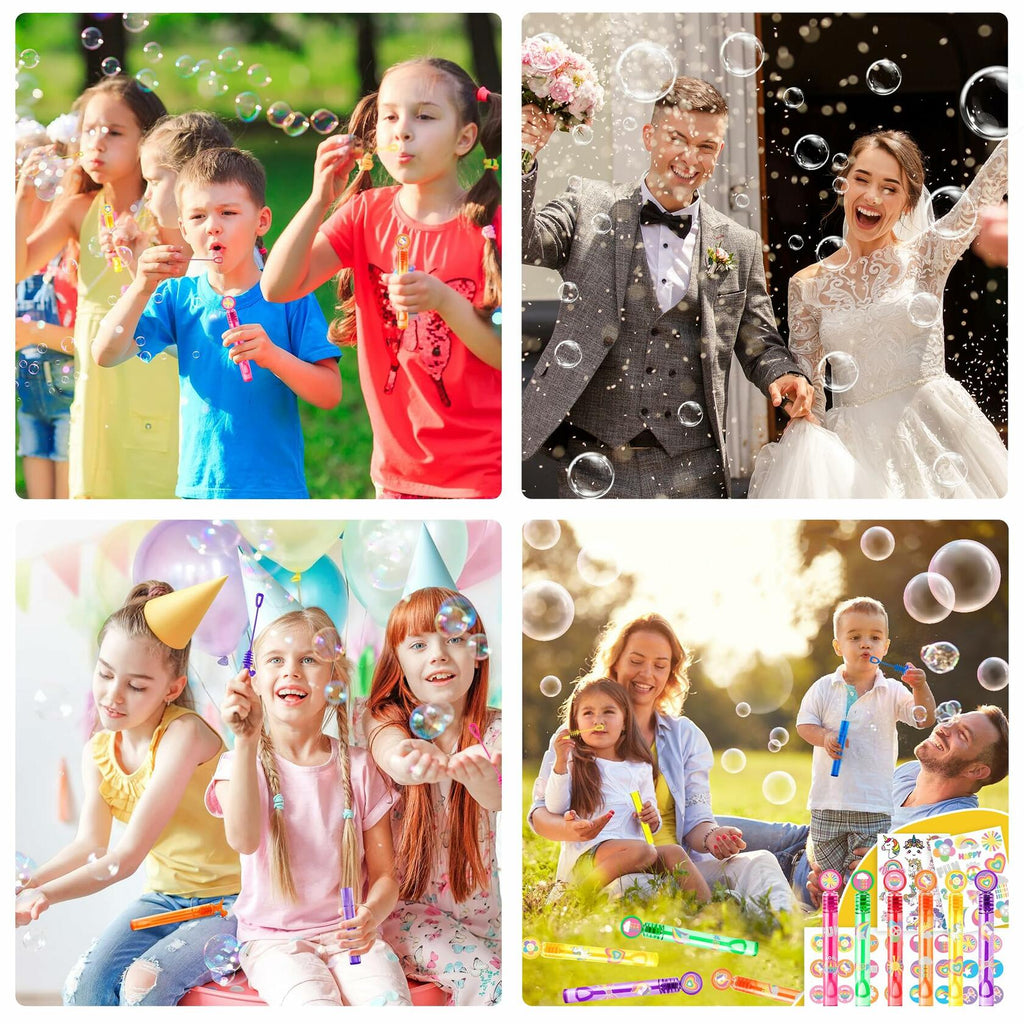 Assorted unicorn bubble wands shown in a multi-photo set of kids playing