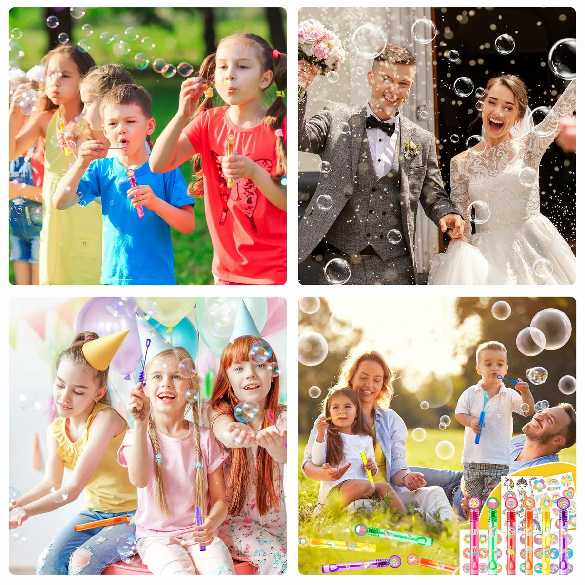 Assorted unicorn bubble wands shown in a multi-photo set of kids playing