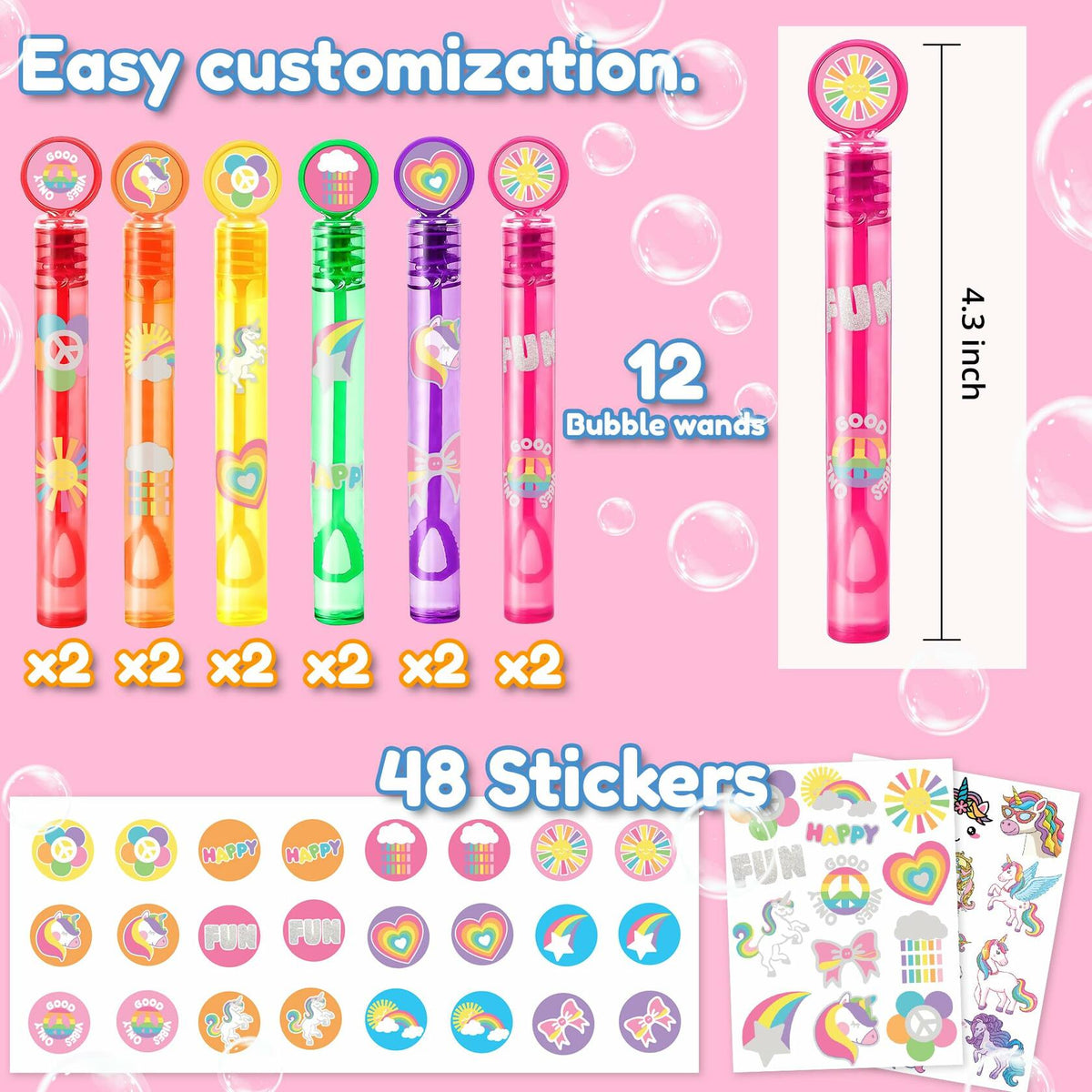Unicorn bubble wand set with 12 pink tubes and sticker sheets