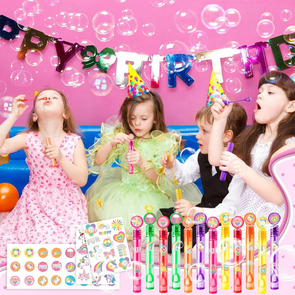 Colorful unicorn bubble wands with bubble solution, held by kids