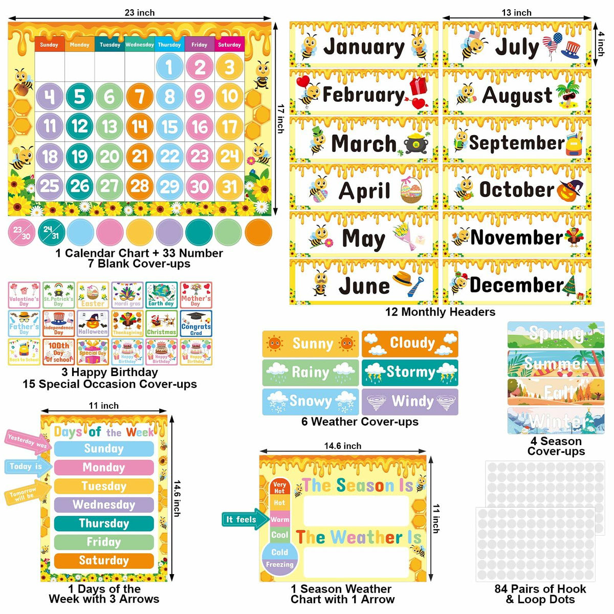 Classroom calendar chart set with month pages, number covers, and season cards