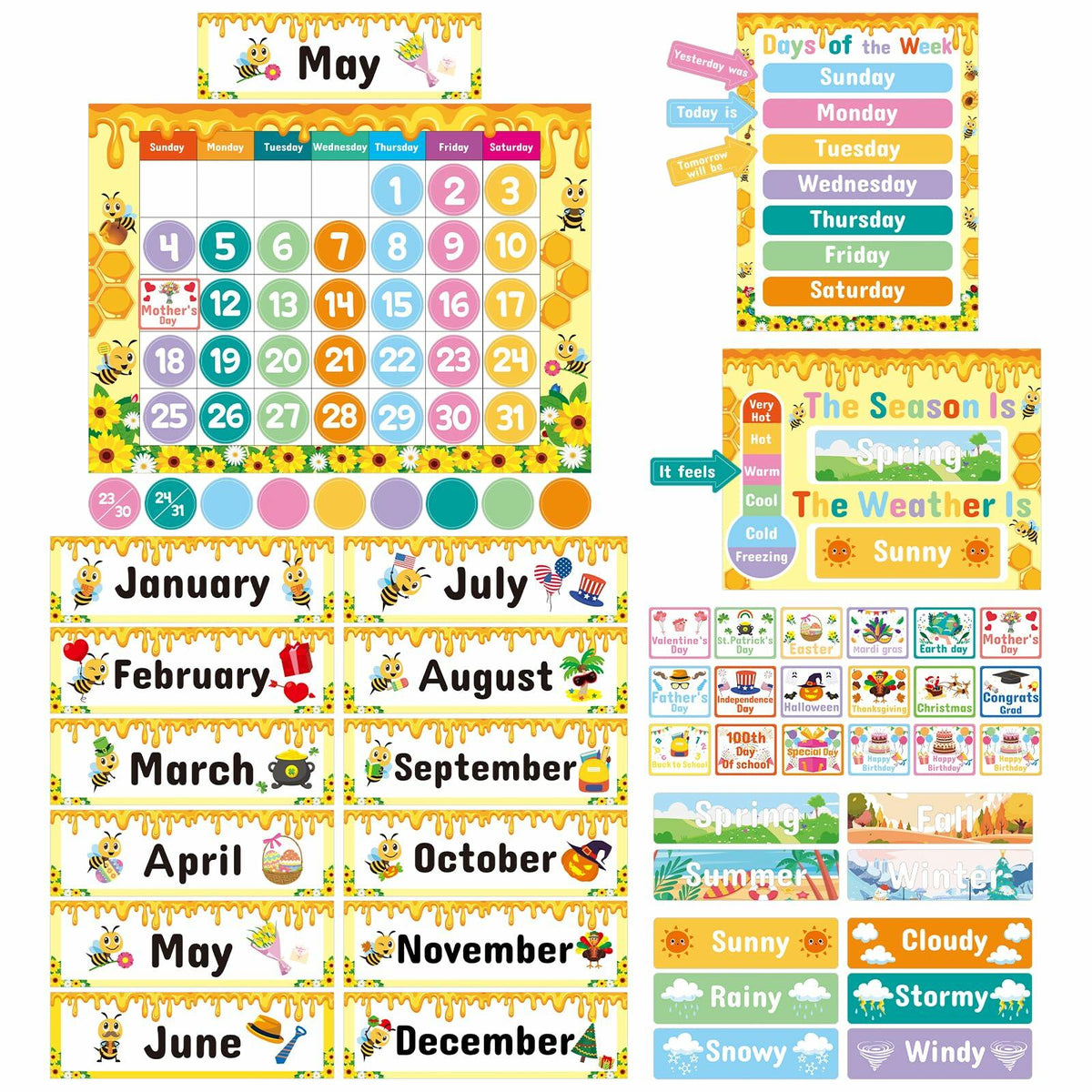 Back-to-school classroom calendar set with monthly charts, weather and day stickers
