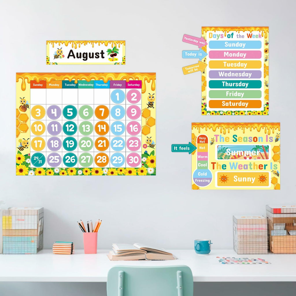 Classroom calendar kit with August chart, weather board, and days-of-week header