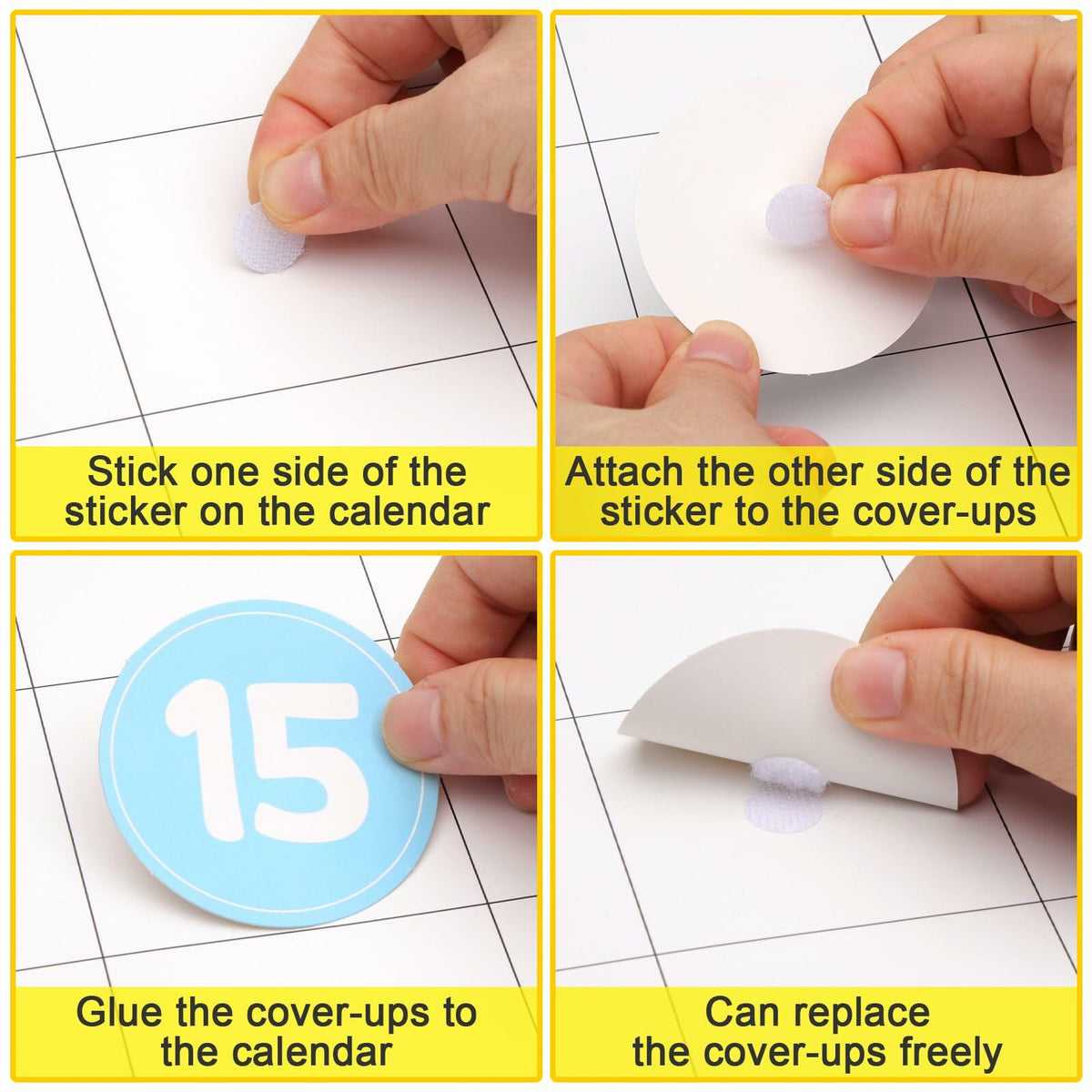 Sticker placement guide for calendar set: apply cover and attach with backing