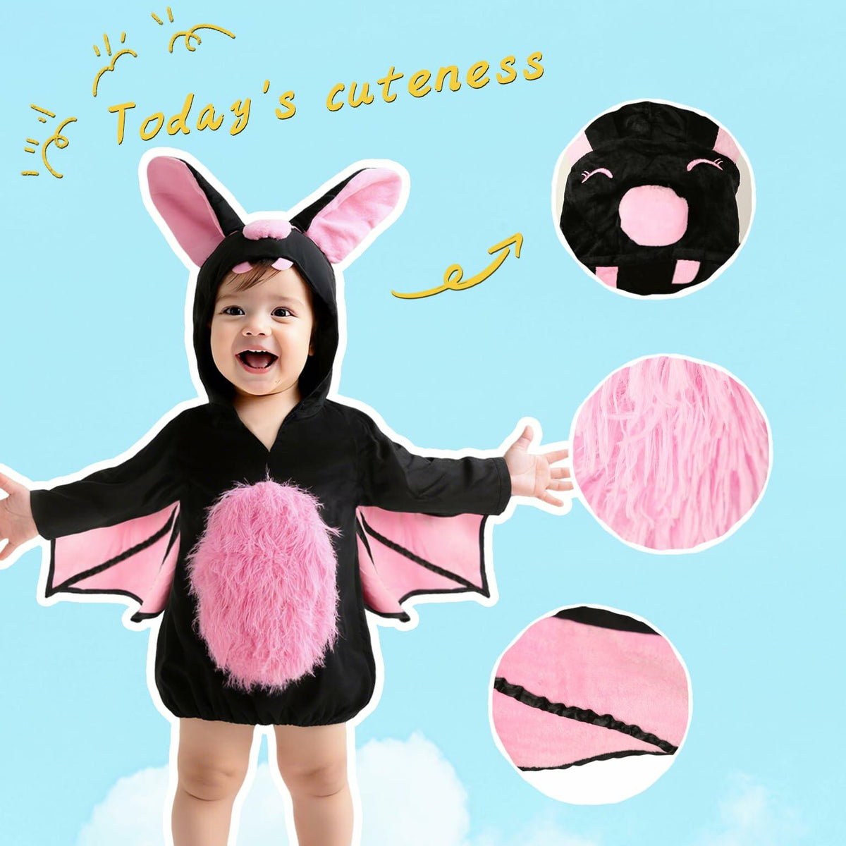 Hooded black bat plush onesie with pink-lined wings and fuzzy pink belly