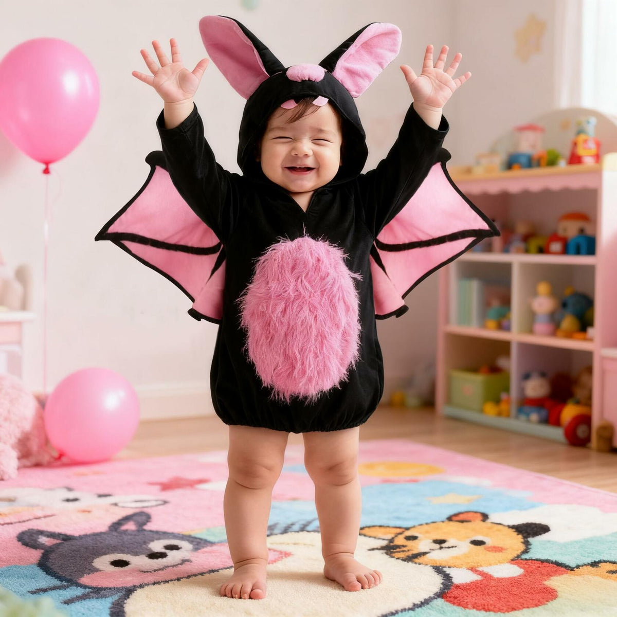 Black bat costume onesie with pink-lined wings and fuzzy pink belly on toddler