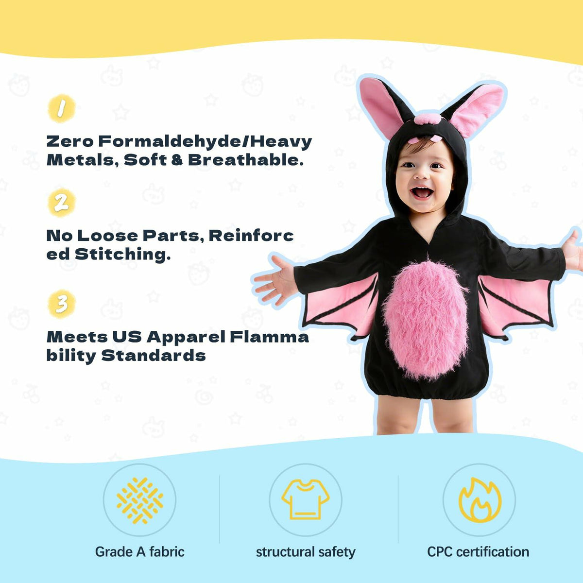 Black hooded bat plush onesie with pink wings and fuzzy pink belly