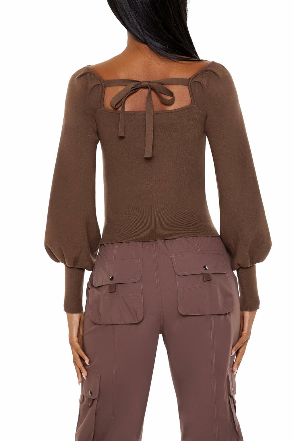 Brown knit crop top with scoop back and tie at nape, puff sleeves