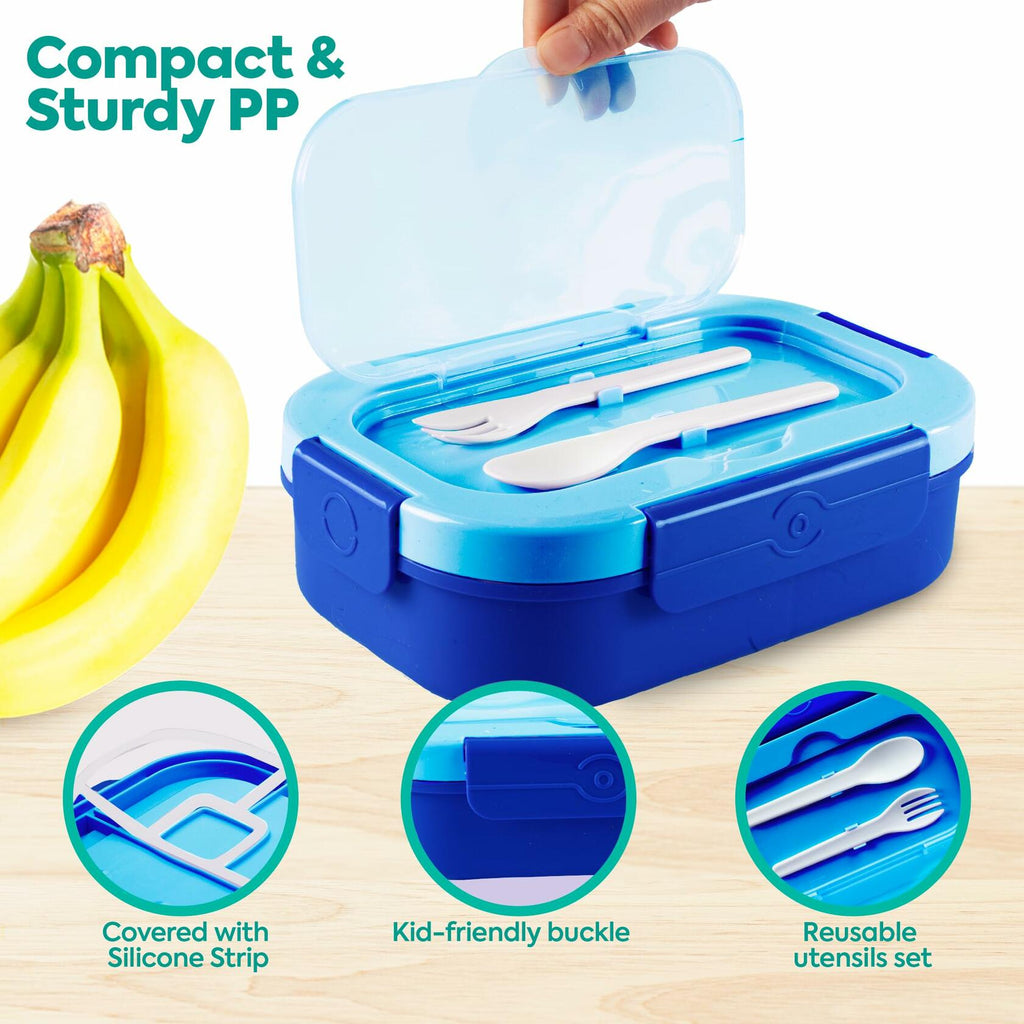 Blue kids bento lunch box with covered silicone strip and utensil set