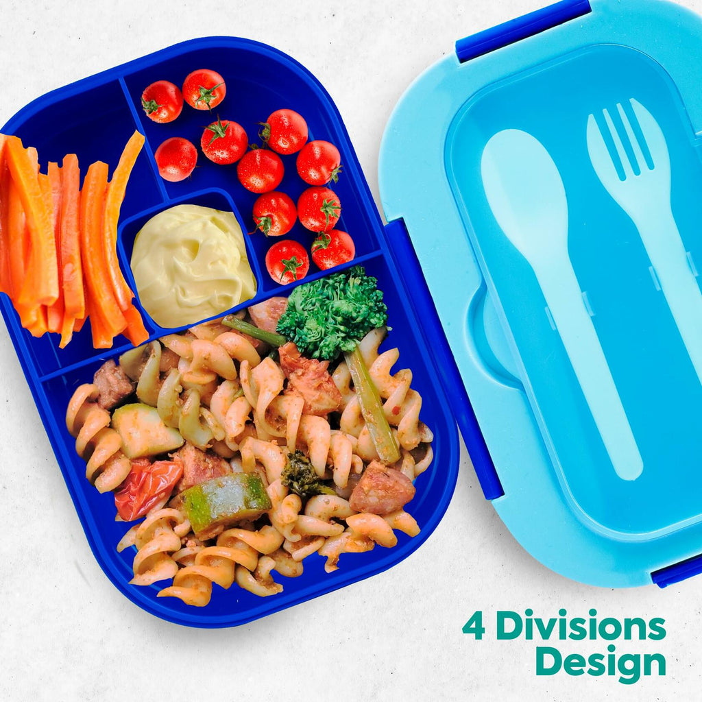 Blue kids bento lunch box with 4 sections and utensils stored in the lid