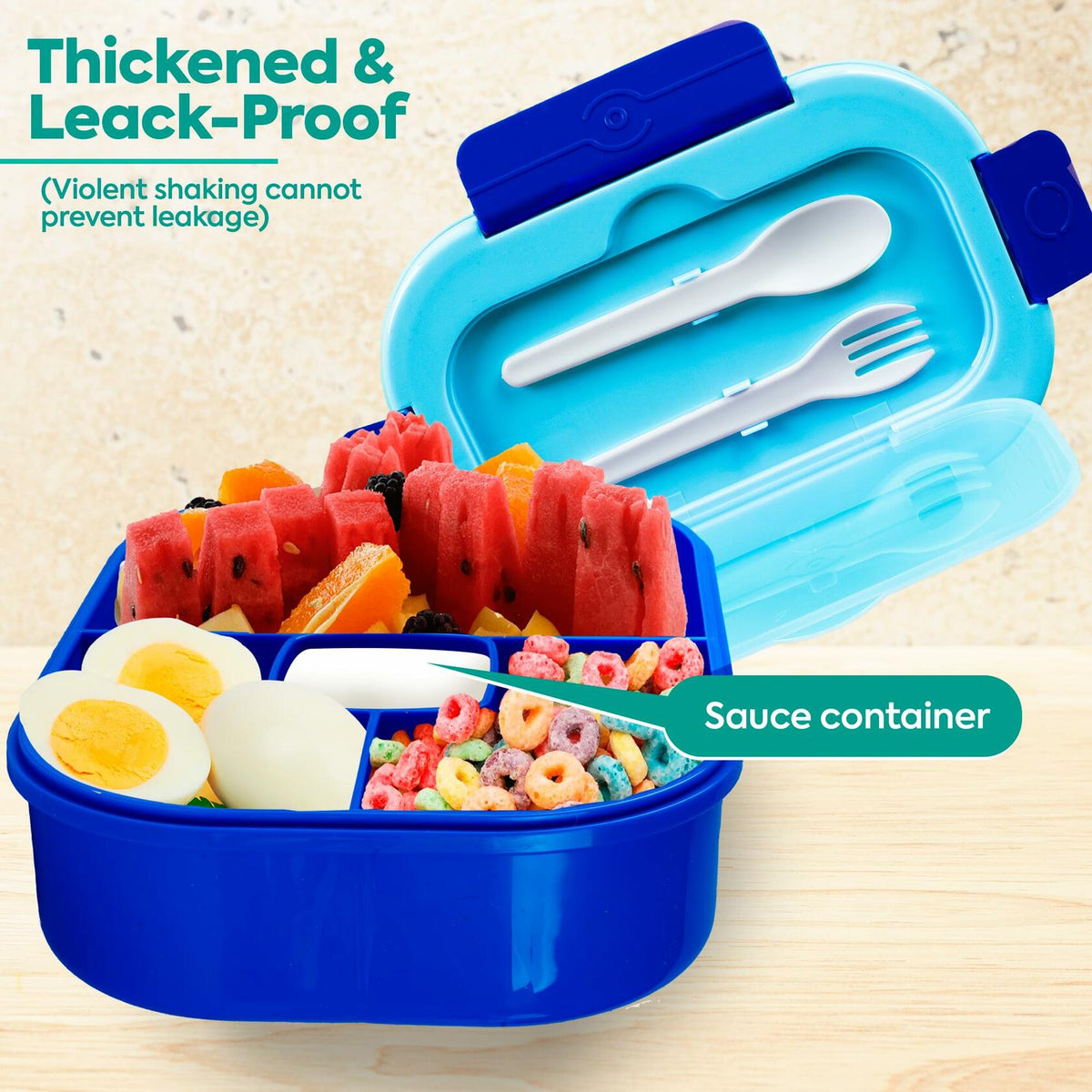 Blue bento lunch box with lid compartments, sauce container, and spoon and fork