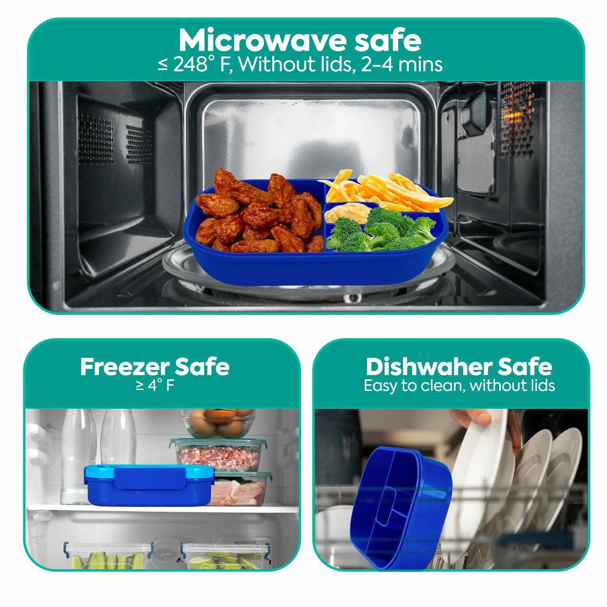 Blue kids bento lunch box shown in microwave, freezer, and dishwasher safe settings