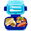 Kids blue bento lunch box with 4 compartments and built-in spoon and fork