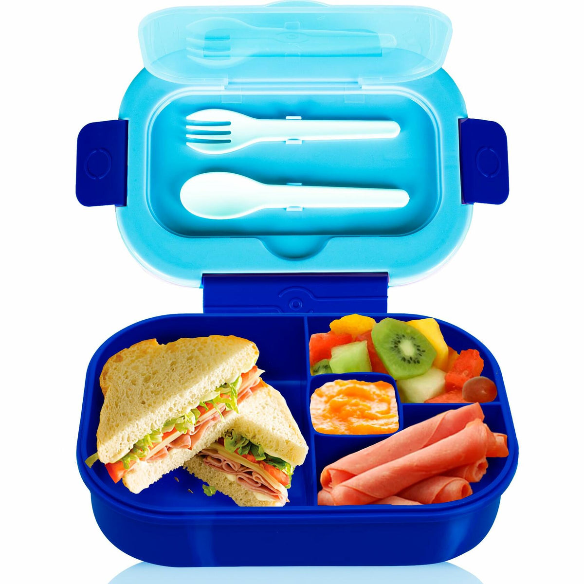 Kids blue bento lunch box with 4 compartments and built-in spoon and fork