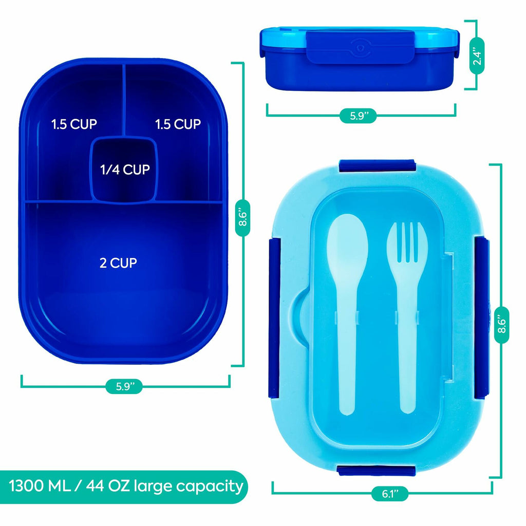 Blue 4-compartment kids bento lunch box with measuring layout and utensil slots