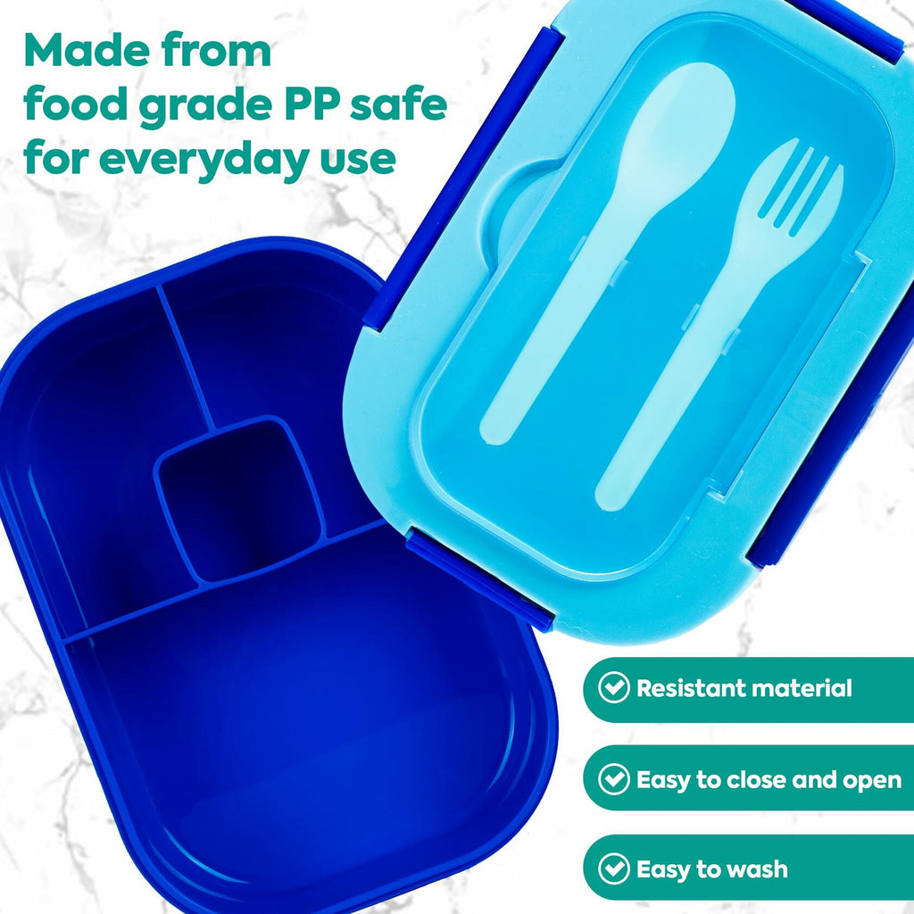 Blue 4-compartment kids bento lunch box made from food-grade PP, open with utensils