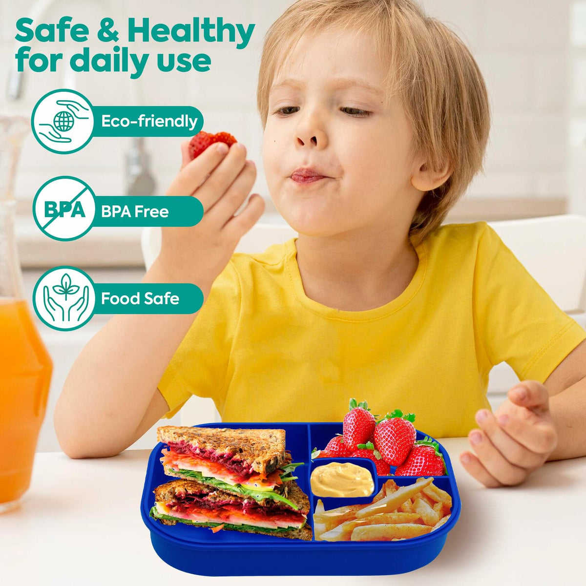 Blue kids bento lunch box with 4 compartments and reusable utensils