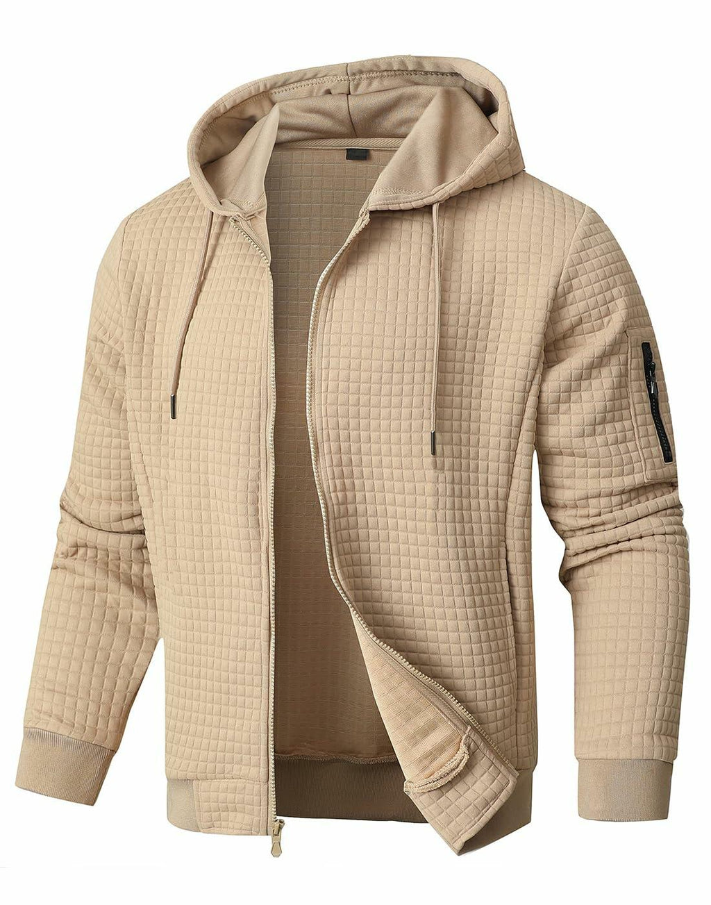 Men's khaki quilted full-zip hoodie with hood and drawstring, front zip pockets