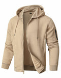 Men's khaki quilted full-zip hoodie with hood and drawstring, front zip pockets