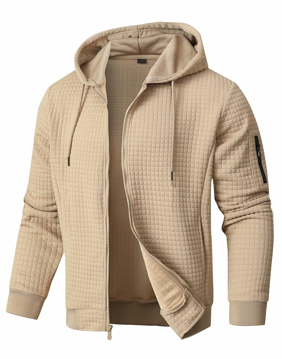 Men's khaki quilted full-zip hoodie with hood and drawstring, front zip pockets
