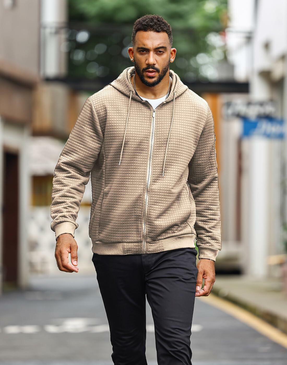 Men's khaki quilted full-zip hoodie with hood, drawstrings, and long sleeves