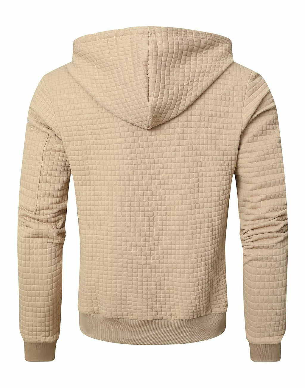 Men's khaki quilted full-zip hoodie, hooded back view with ribbed cuffs