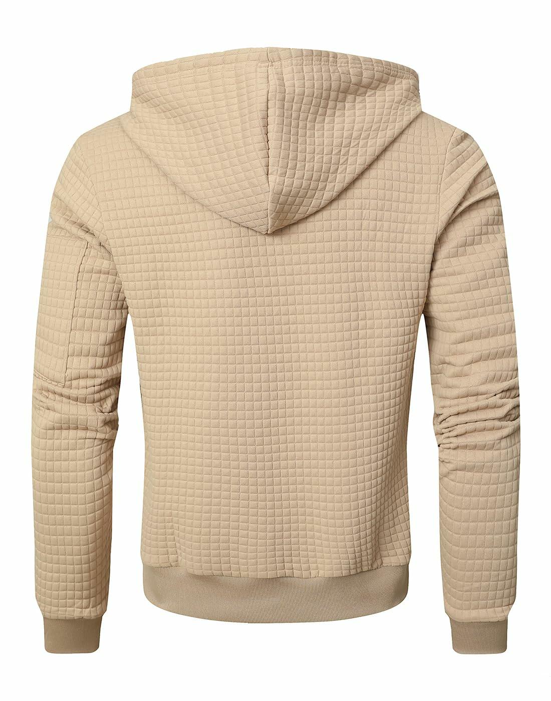 Men's khaki quilted full-zip hoodie, hooded back view with ribbed cuffs