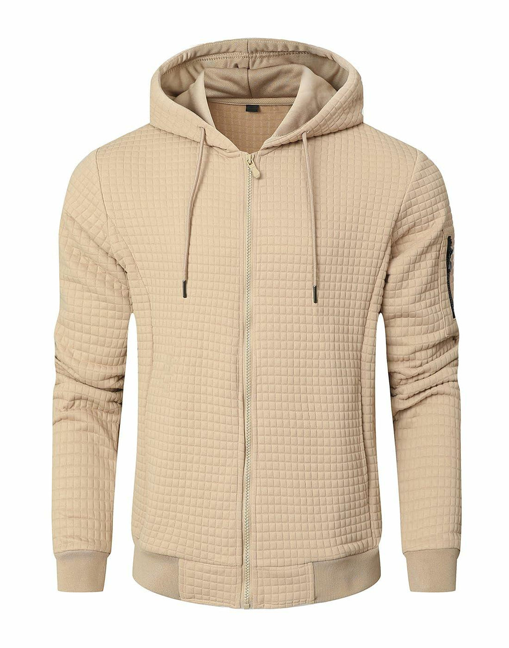 Men's khaki quilted full-zip hoodie with hood and drawstring, zip front